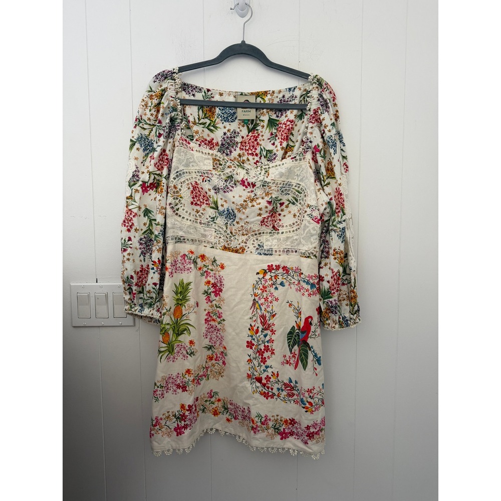 FARM Rio Sand Tropical Graphic Lace Ruffled Mini Dress Size XL